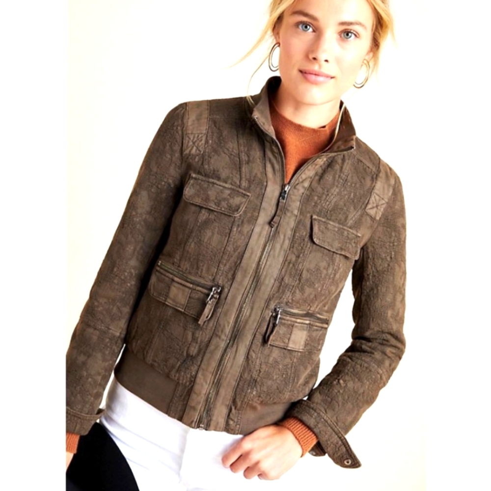 Marrakech Brown Linen Jacquard Bomber Jacket XS
